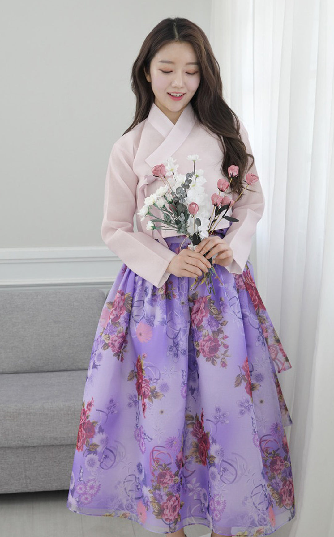 Korean Modern Daily Hanbok Casual Modernized Party Celebration Dress Top Jeogori Skirt Light Pink Violet SSN015