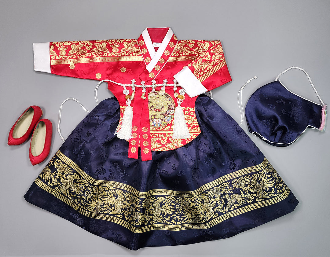 Hanbok Girl Baby Korea Traditional Clothing Set First Birthday Celebration Party Celebration 1–10 Years Red Navy Gold Print HG114