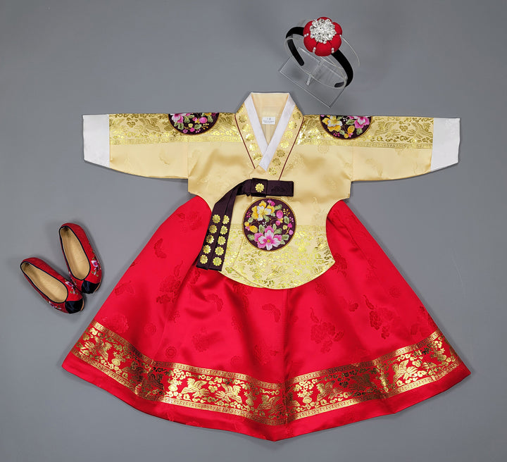 Hanbok Dress Girl Baby Korea Traditional Clothing Set First Birthday Celebration Party 100th Birth1–15 years Gold Print HG149