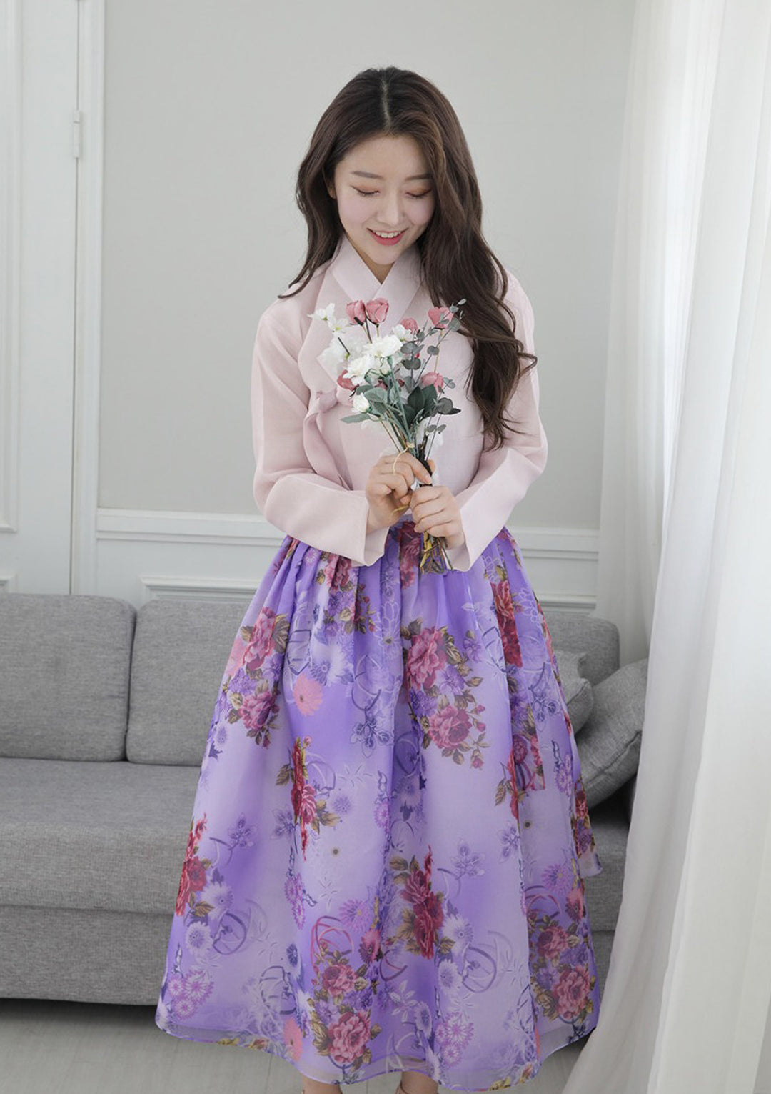 Korean Modern Daily Hanbok Casual Modernized Party Celebration Dress Top Jeogori Skirt Light Pink Violet SSN015