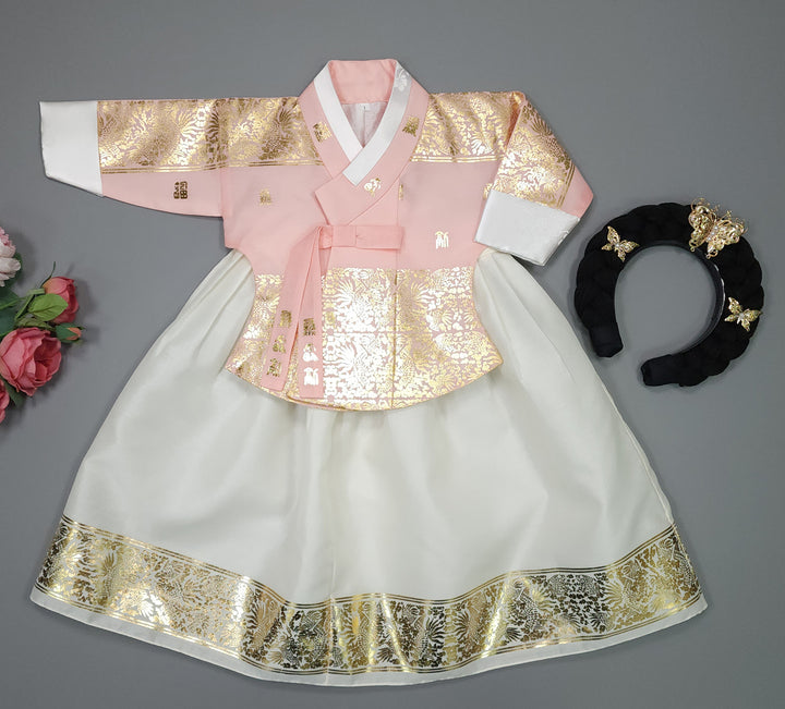 Korea Traditional Hanbok Girl Baby Lovely Pink Gold Print Baikil 1-10 Years 1st Birthday Party GOG101