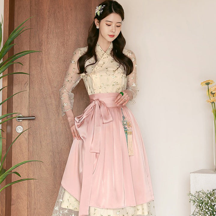 Korean Modern Hanbok Cream Lace Dress Wrapped Skirt Fancy Casual Daily Clothing Fusion Hanbok Party CHD318