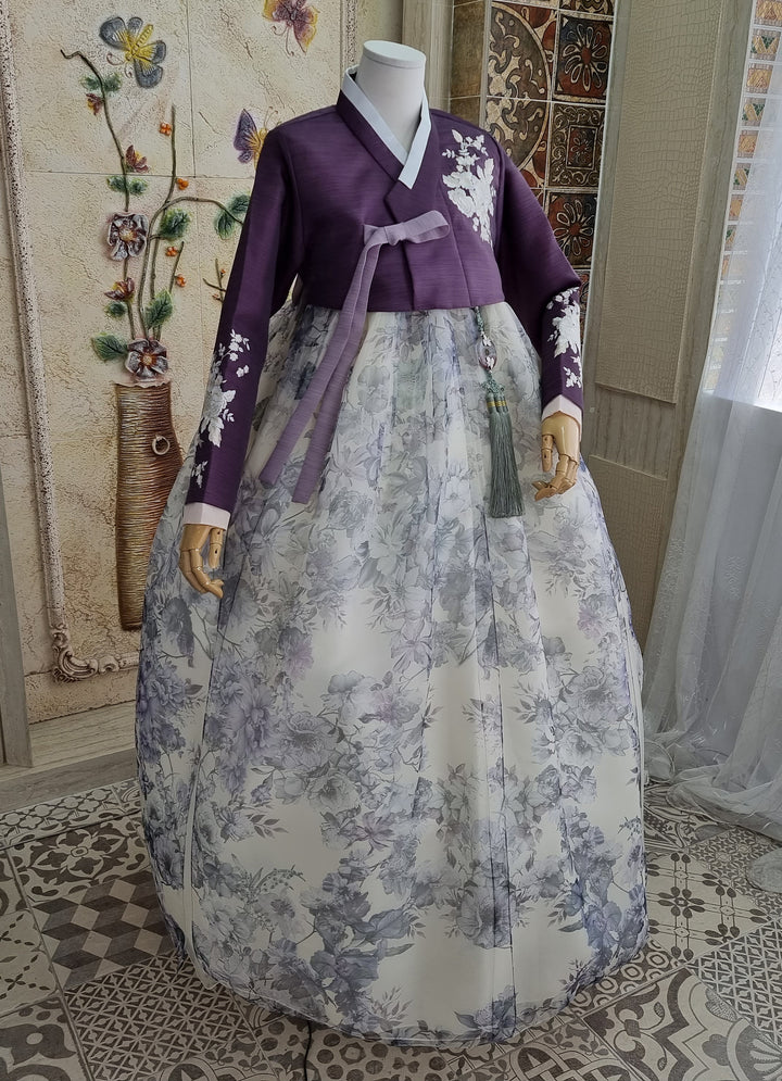 Korean Traditional Woman Personal Custom Hanbok Wedding Party Ceremony Purple Flower Print Hanbok Skirt Mom Grandmom Hanbok OSW140