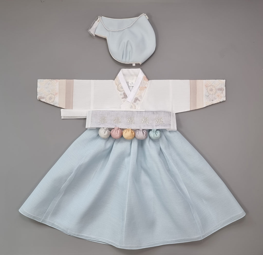 Hanbok Girl Baby Korea Traditional Clothing Set First Birthday Celebration Party 100th Birth Celebration 1 - 15 years White Embroidery Blue