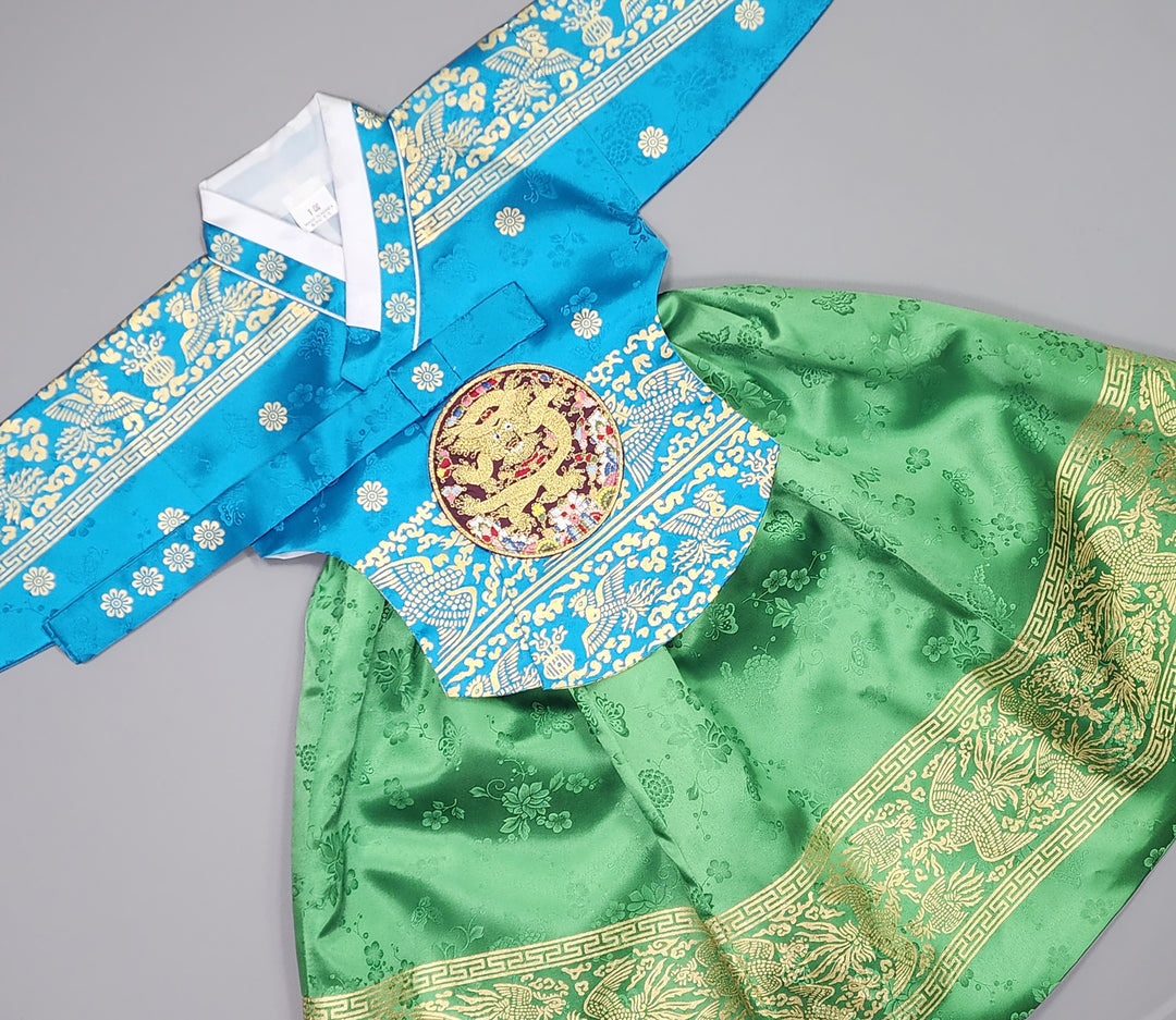 Hanbok Girl Baby Korea Traditional Clothing Set First Birthday Celebration Party Celebration 1–10 Years Blue Green Skirt Gold Print HG123