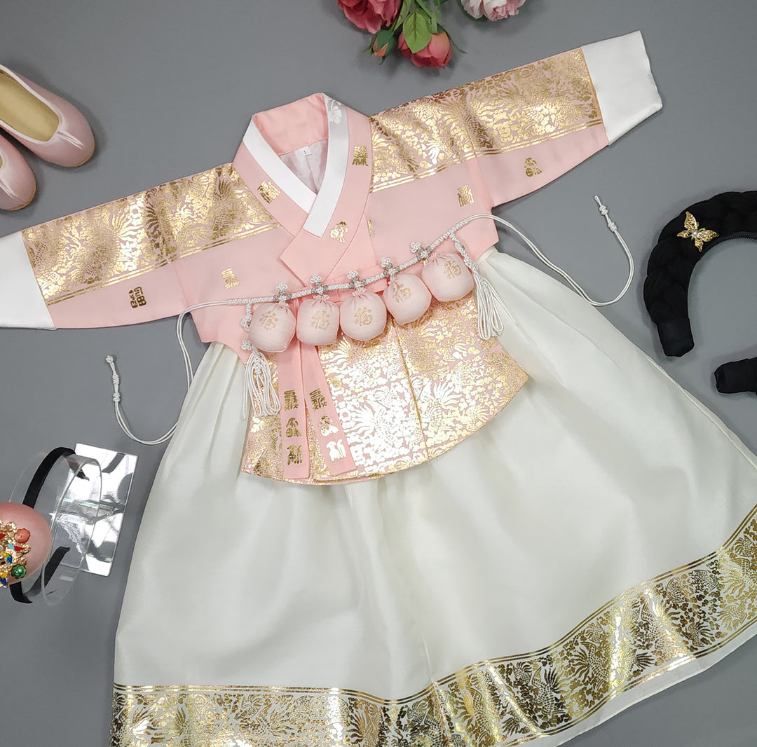 Korea Traditional Hanbok Girl Baby Lovely Pink Gold Print Baikil 1-10 Years 1st Birthday Party GOG101