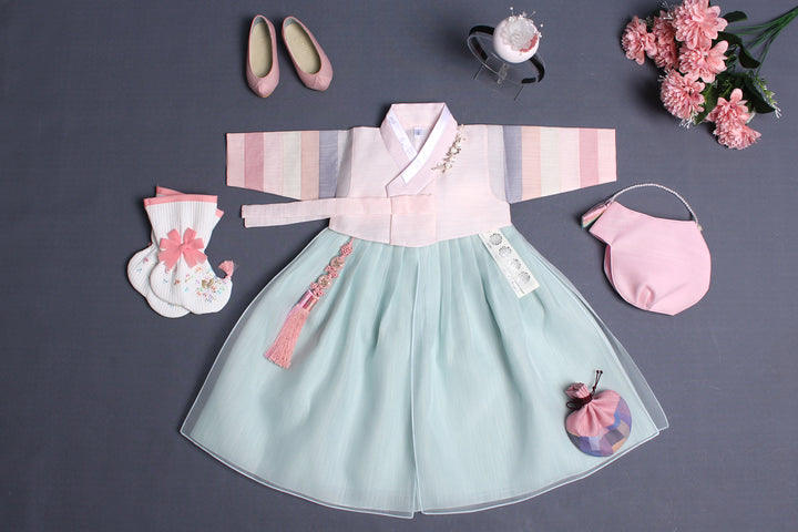 Hanbok Girl Baby Korea Traditional Clothing Set First Birthday Celebration Party Celebration 1–8 years 100th days Light Pink Mint 색동 DGH110