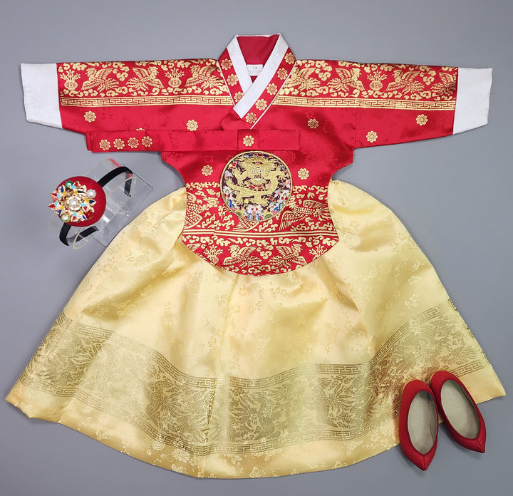 Hanbok Girl Baby Korea Traditional Clothing Set First Birthday Celebration Party Celebration 1–10 Years Red Gold Print HG118