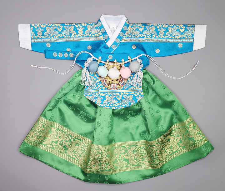 Hanbok Girl Baby Korea Traditional Clothing Set First Birthday Celebration Party Celebration 1–10 Years Blue Green Skirt Gold Print HG123