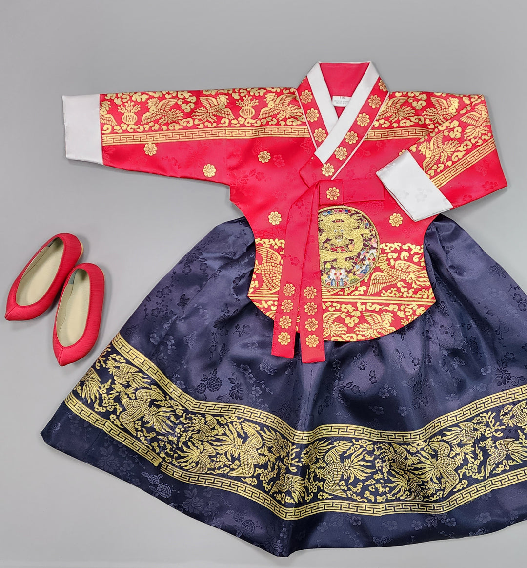 Hanbok Girl Baby Korea Traditional Clothing Set First Birthday Celebration Party Celebration 1–10 Years Red Navy Gold Print HG114