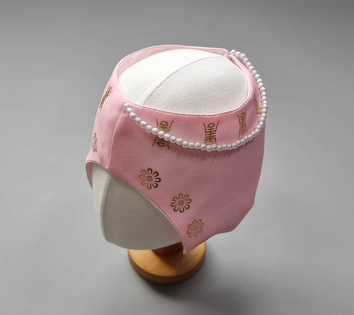 Hanbok Hat for Girl Baby Korea Traditional Hanbok Cap 조바위 Pink Gold Print OS03