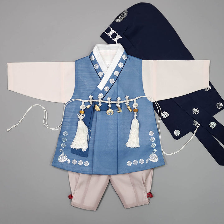 Korean Traditional Boy Baby Hanbok Dol Baikil Party Celebration 100th-15 Ages Blue Silver Print JYB106