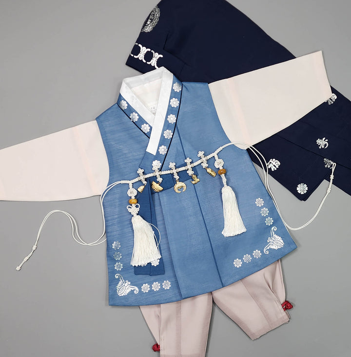 Korean Traditional Boy Baby Hanbok Dol Baikil Party Celebration 100th-15 Ages Blue Silver Print JYB106