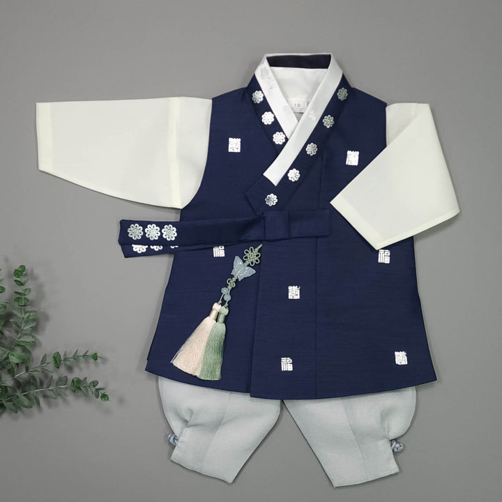 Korean Traditional Boy Baby Hanbok Dol Baikil Party Celebration 100th-15 Ages Navy Silver Print JYB104