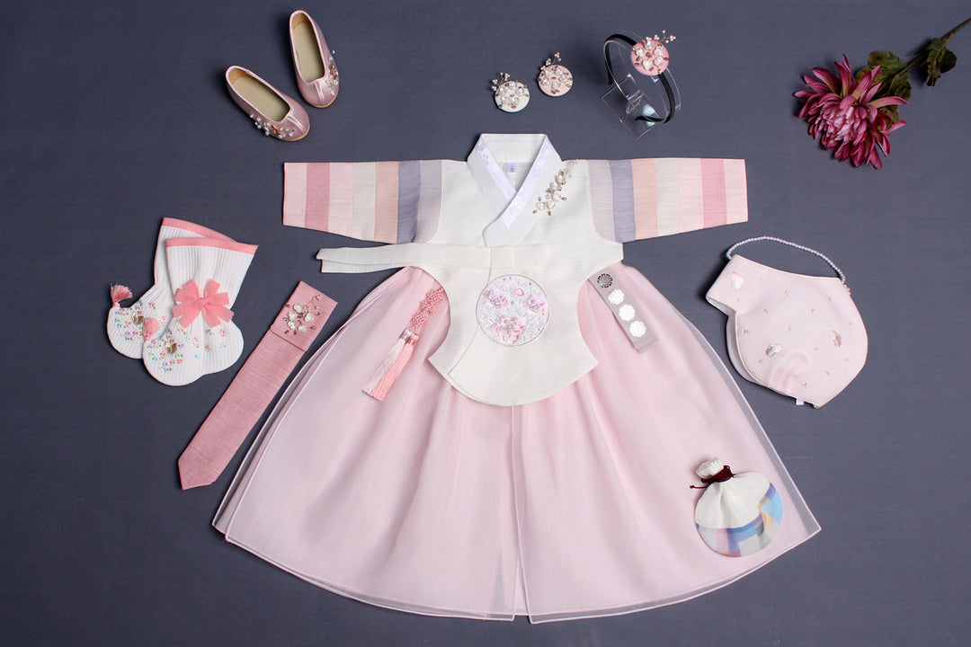 Hanbok Girl Baby Korea Traditional Clothing Set First Birthday Celebration Party Celebration 1–8 years 100th days Light Pink 색동 DGH111