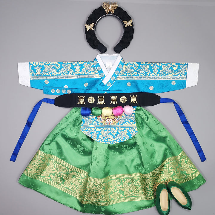 Hanbok Girl Baby Korea Traditional Clothing Set First Birthday Celebration Party Celebration 1–10 Years Blue Green Skirt Gold Print HG123