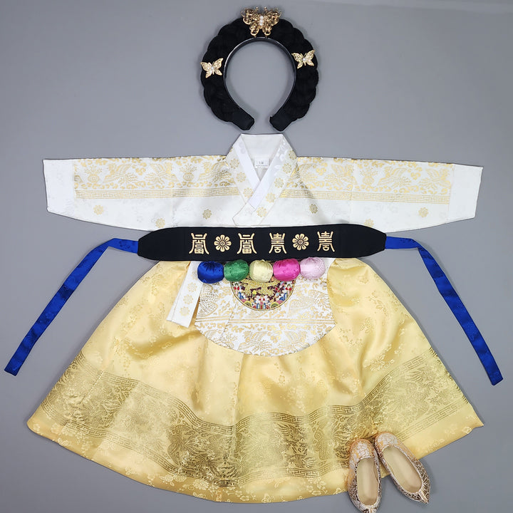 Hanbok Girl Baby Korea Traditional Clothing Set First Birthday Celebration Party Celebration 1–10 Years White Gold Print HG120