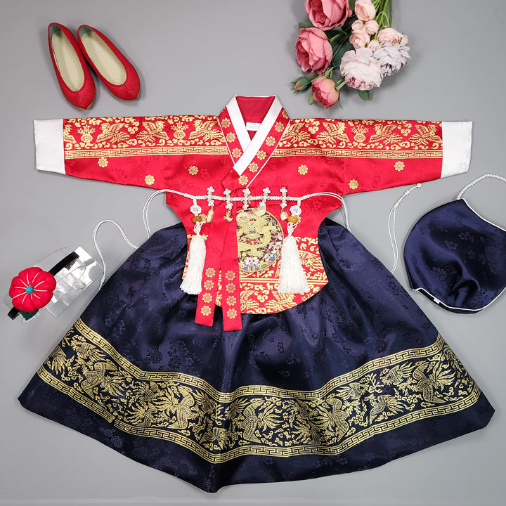 Hanbok Girl Baby Korea Traditional Clothing Set First Birthday Celebration Party Celebration 1–10 Years Red Navy Gold Print HG114