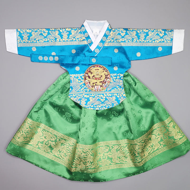 Hanbok Girl Baby Korea Traditional Clothing Set First Birthday Celebration Party Celebration 1–10 Years Blue Green Skirt Gold Print HG123