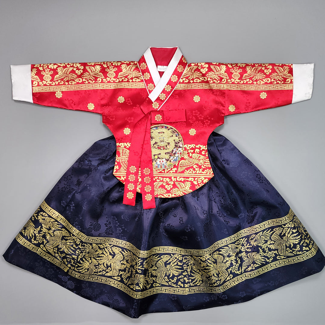 Hanbok Girl Baby Korea Traditional Clothing Set First Birthday Celebration Party Celebration 1–10 Years Red Navy Gold Print HG114