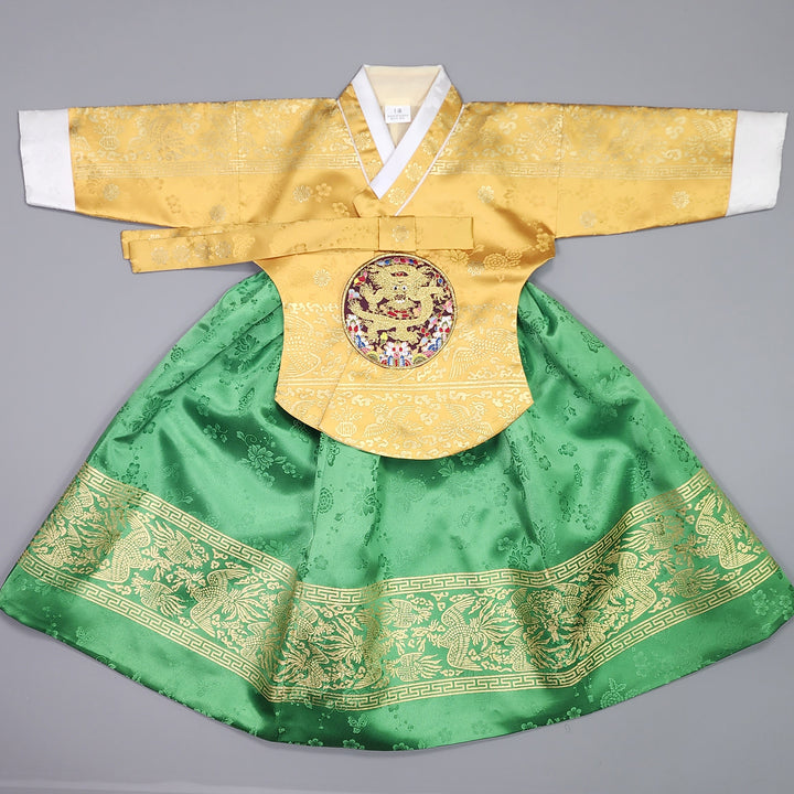 Hanbok Girl Baby Korea Traditional Clothing Set First Birthday Celebration Party Celebration 1–10 Years Green Skirt Gold Print HG121