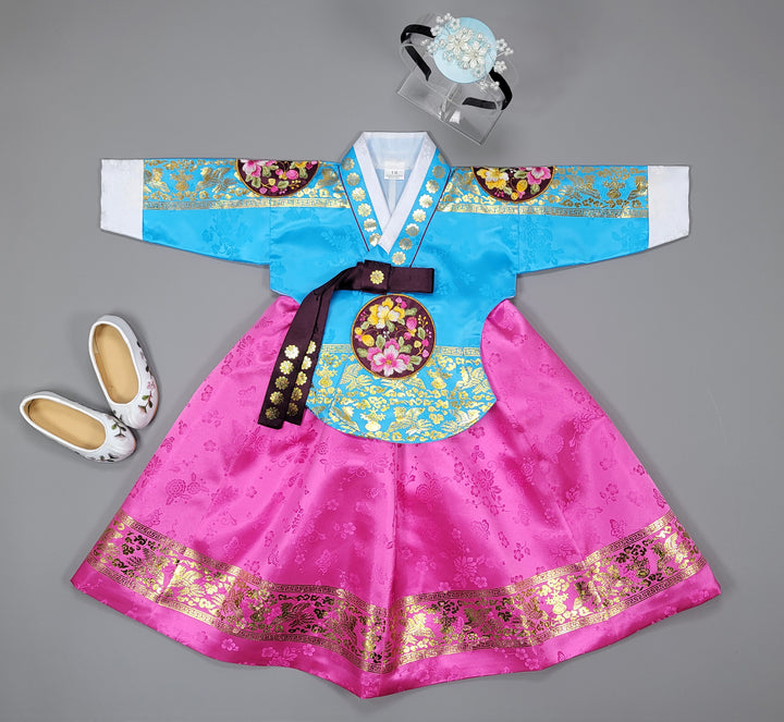 Hanbok Dress Girl Baby Korea Traditional Clothing Set First Birthday Celebration Party 100th Birth1–15 years Gold Print HG150