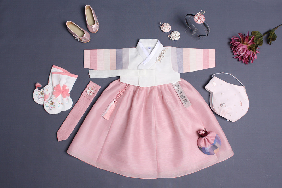 Hanbok Girl Baby Korea Traditional Clothing Set First Birthday Celebration Party Celebration 1–8 years 100th days Ivory Pink 색동 DGH115