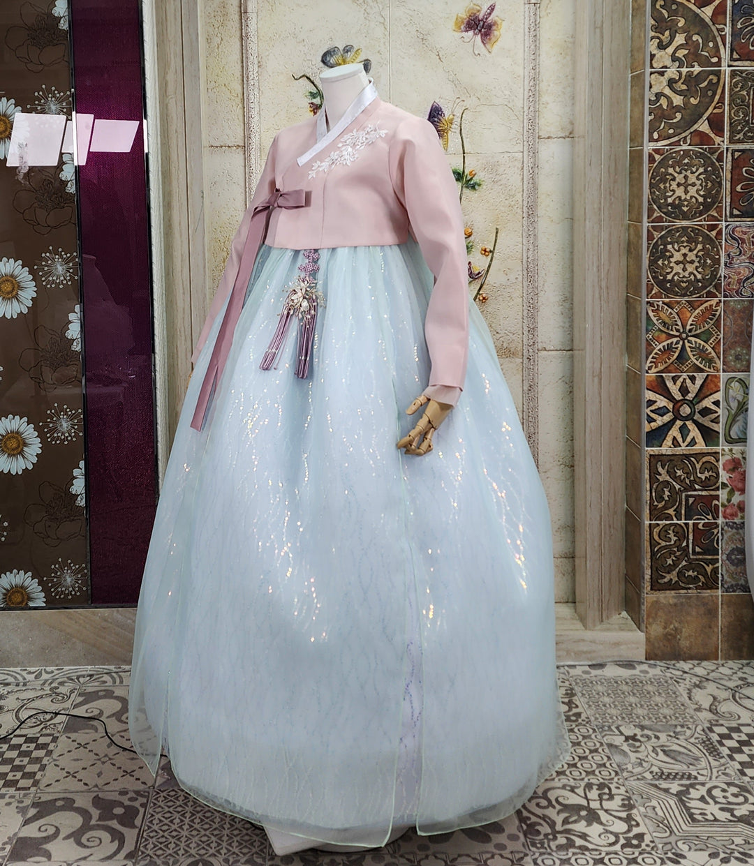 Korean Traditional Woman Personal Custom Hanbok Wedding Party Ceremony Pink Blue Beads Skirt Hanbok 142