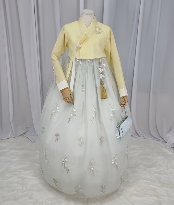 Woman Hanbok Dress Korea Traditional clothes Set Wedding Ceremony Birthday Custom-Made Yellow Beads OSW554