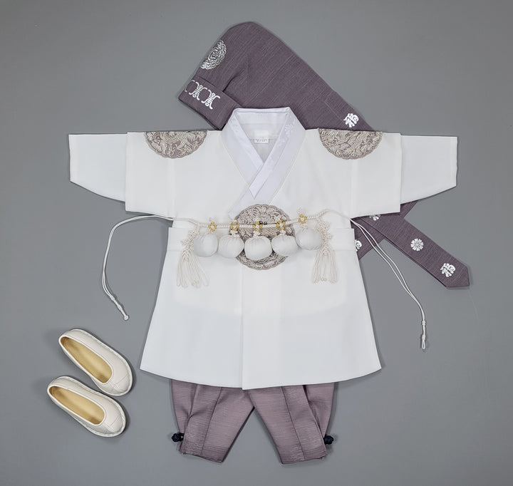 Korean Traditioanl Boy Baby Hanbok Dol Baikil Party Celebration 100th-8 Ages White Kings Design