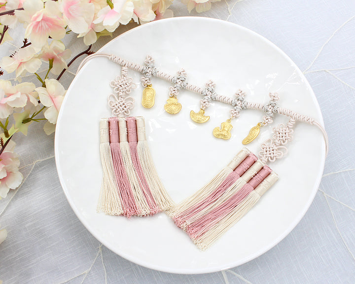 Korean Traditional Baby Boy Girls Hanbok Accessory Belt Doltti 돌띠 Tassel Gold Ornament Pink Beige DBE002