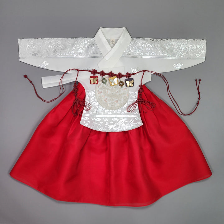 Hanbok Girl Baby Korea Traditional Clothing Set First Birthday Celebration Party Celebration 1–15 years Vivid Red Silver Print OSG326