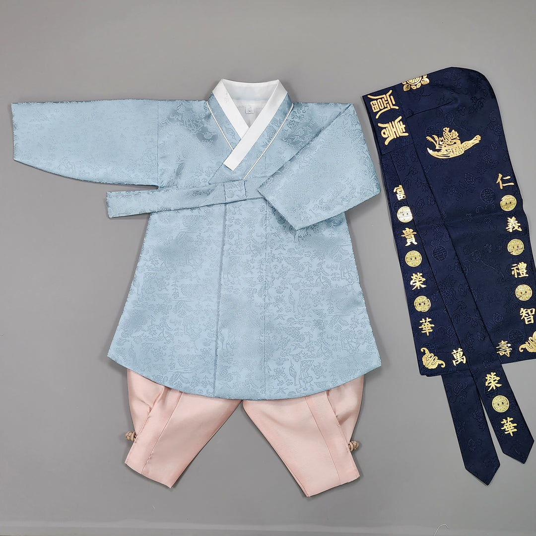 Korean Traditional Boy Baby Hanbok Dol Baikil Party Celebration 100 Days-8 Ages Oriental Silk Sky Blue OSB162