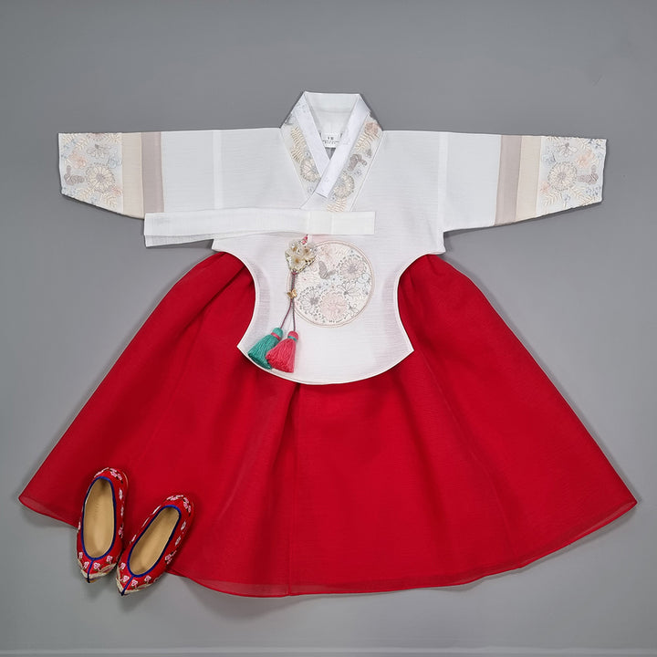 Hanbok Girl Baby Korea Traditional Clothing Set First Birthday Celebration Party 100th Birth Celebration 1–15 years White Embroidery Red HG157