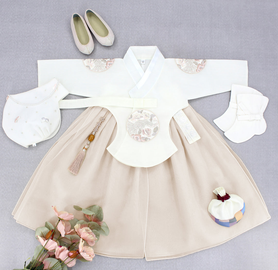 Hanbok Girl Baby Korea Traditional Clothing Set First Birthday Celebration Party Celebration 1–8 years Ivory Beige DGH101