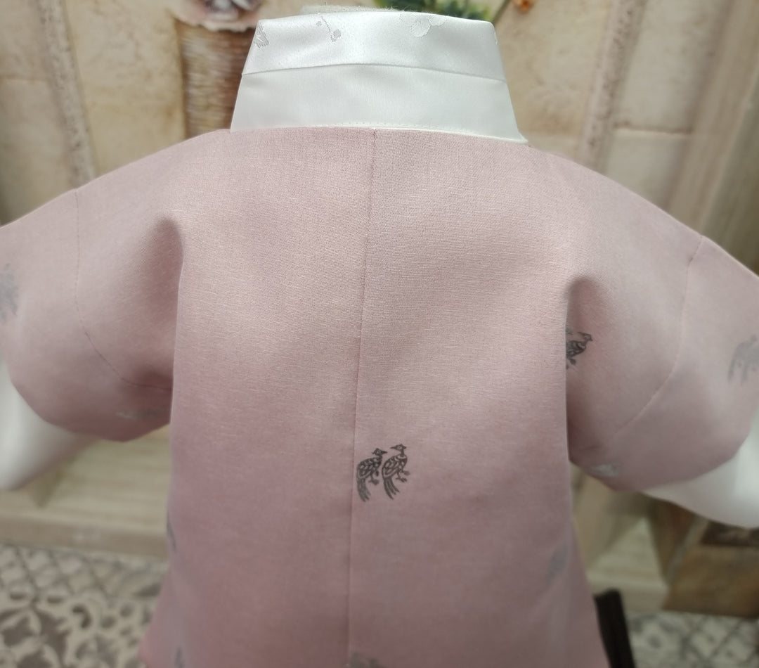 Korean Traditional Boy Baby Hanbok Dol Baikil Party Celebration 100th-10 Ages Pink Bird Silver Print HGB114