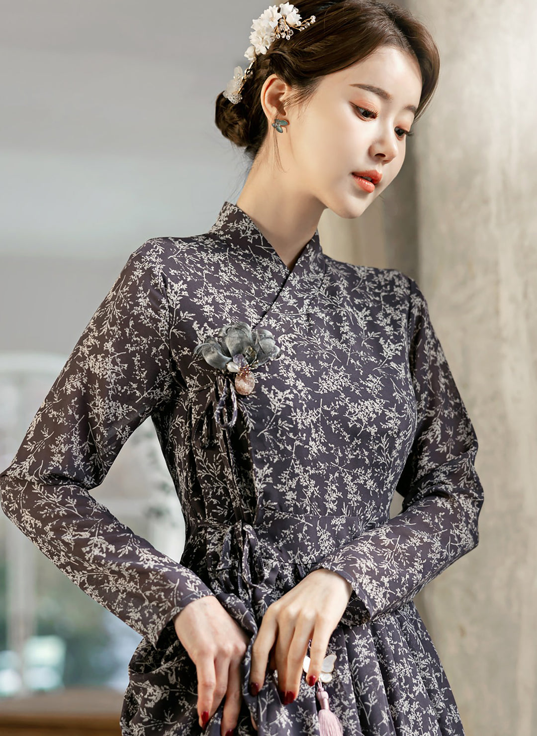 Korean Modern Hanbok Gray Flower Dress Fancy Casual Daily Clothing Fusion Hanbok CHD403