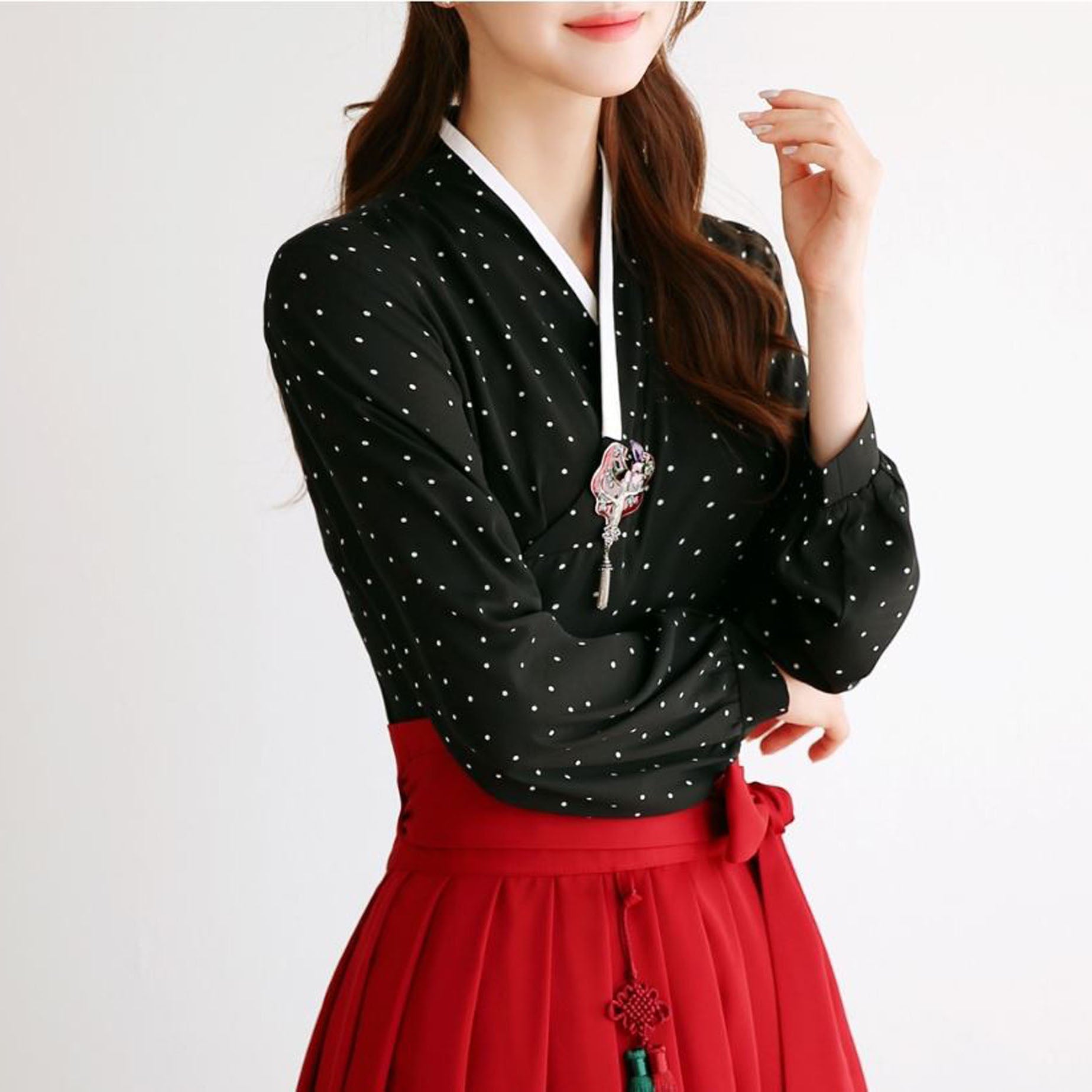 Modern Hanbok Dress Black Jacquard Pattern Chiffon Woman Female Korea Hanbok Dress Casual Daily Mom's online hanbok Dol Party