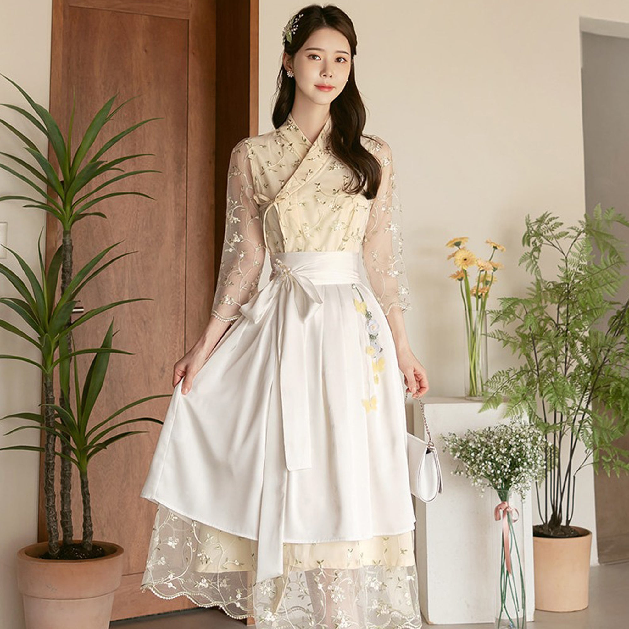 Hanbok Women Dress, Korean Modern Hanbok Wrap Style Long Dress, popular Korea Modernized Daily Casual Party Short Sleeve Hanbok Dress Beige color