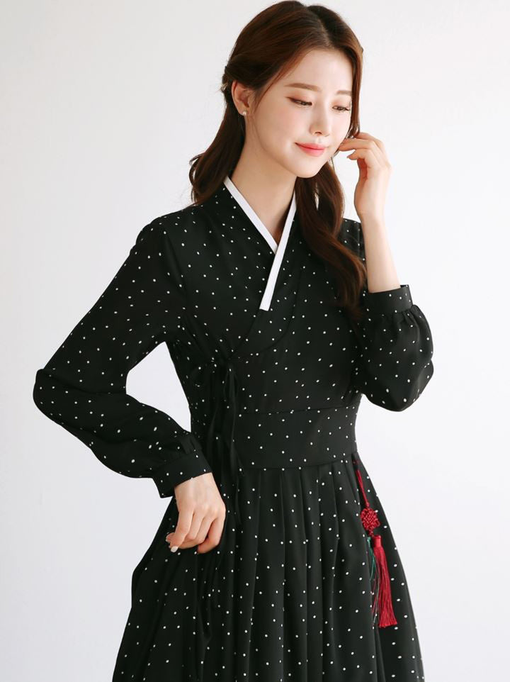 Woman Korean Modern Hanbok Black Dot Dress Fancy Casual Daily Clothing Fusion Hanbok Party CHD413