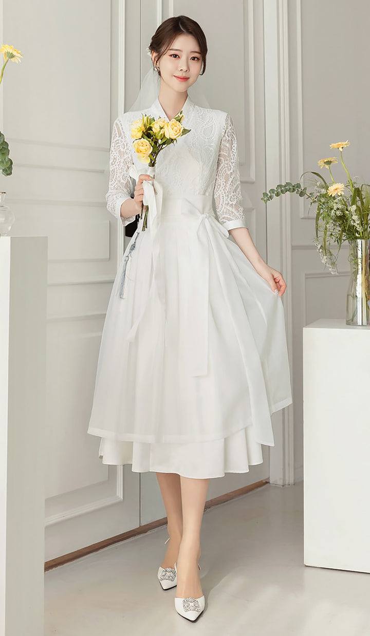 Woman Korean Modern Hanbok White Lace Lovely Wedding Dress Fancy Casual Daily Clothing Fusion Hanbok Party CHD412