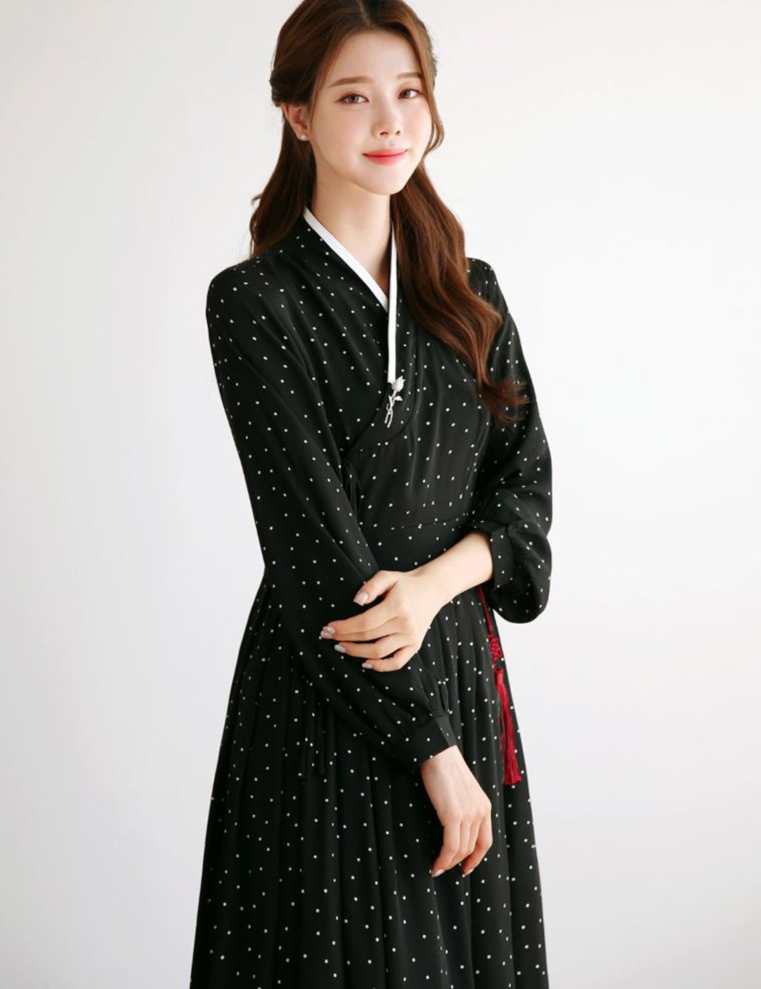 Woman Korean Modern Hanbok Black Dot Dress Fancy Casual Daily Clothing Fusion Hanbok Party CHD413