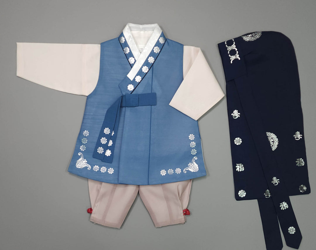 Korean Traditional Boy Baby Hanbok Dol Baikil Party Celebration 100th-15 Ages Blue Silver Print JYB106