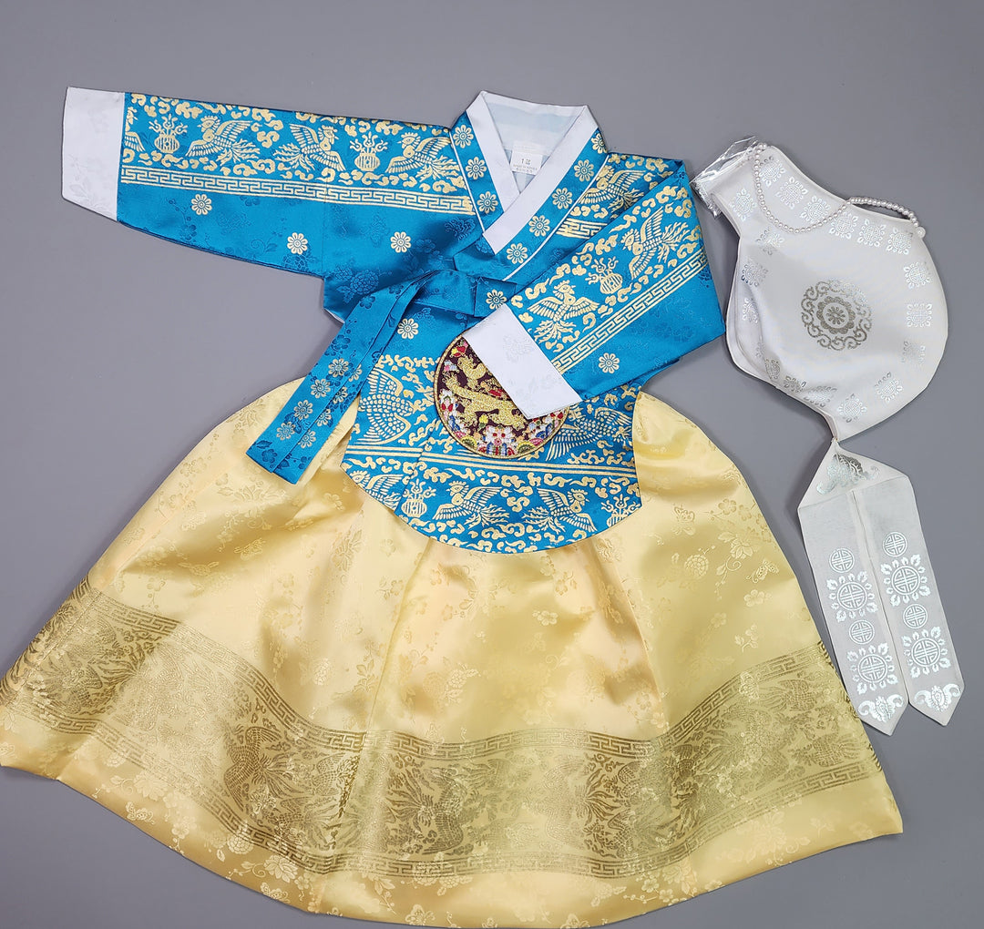 Hanbok Girl Baby Korea Traditional Clothing Set First Birthday Celebration Party Celebration 1–10 Years Blue Gold Print HG119