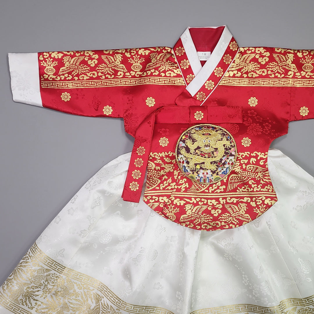 Hanbok Girl Baby Korea Traditional Clothing Set First Birthday Celebration Party Celebration 1–10 Years Red White Skirt Gold Print HG134