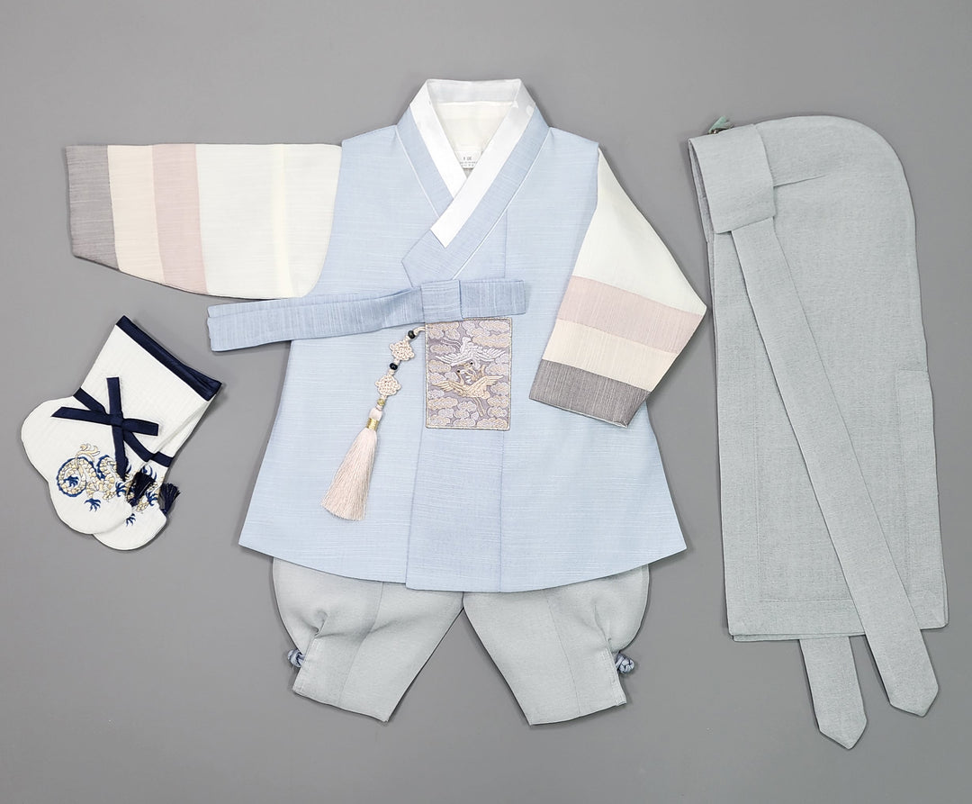 Korean Traditional Boy Baby Hanbok Dol Baikil Party Celebration 100th-15 Ages Sky Blue JYB110