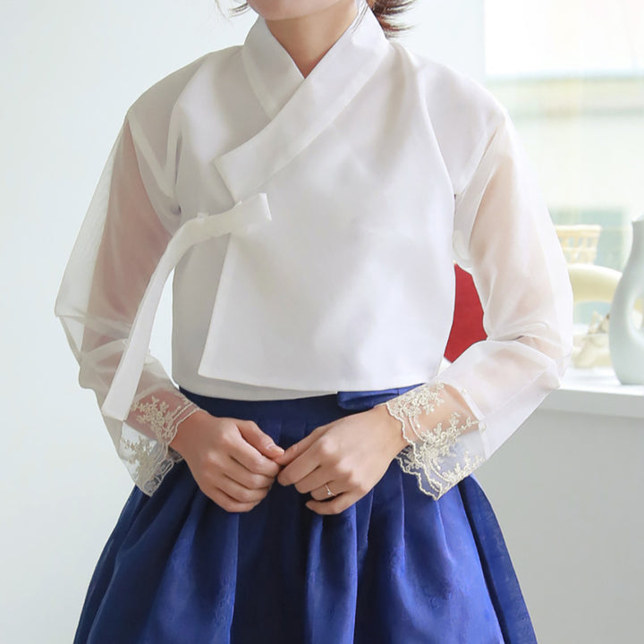 Korean Modern Daily Hanbok Casual Modernized Party Celebration Dress Top Jeogori Skirt White Blue SSN018