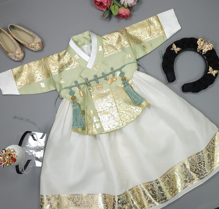 Korea Traditional Hanbok Girl Baby Light Green Gold Print Baikil 1–10 Years 1st Birthday Party GOG103