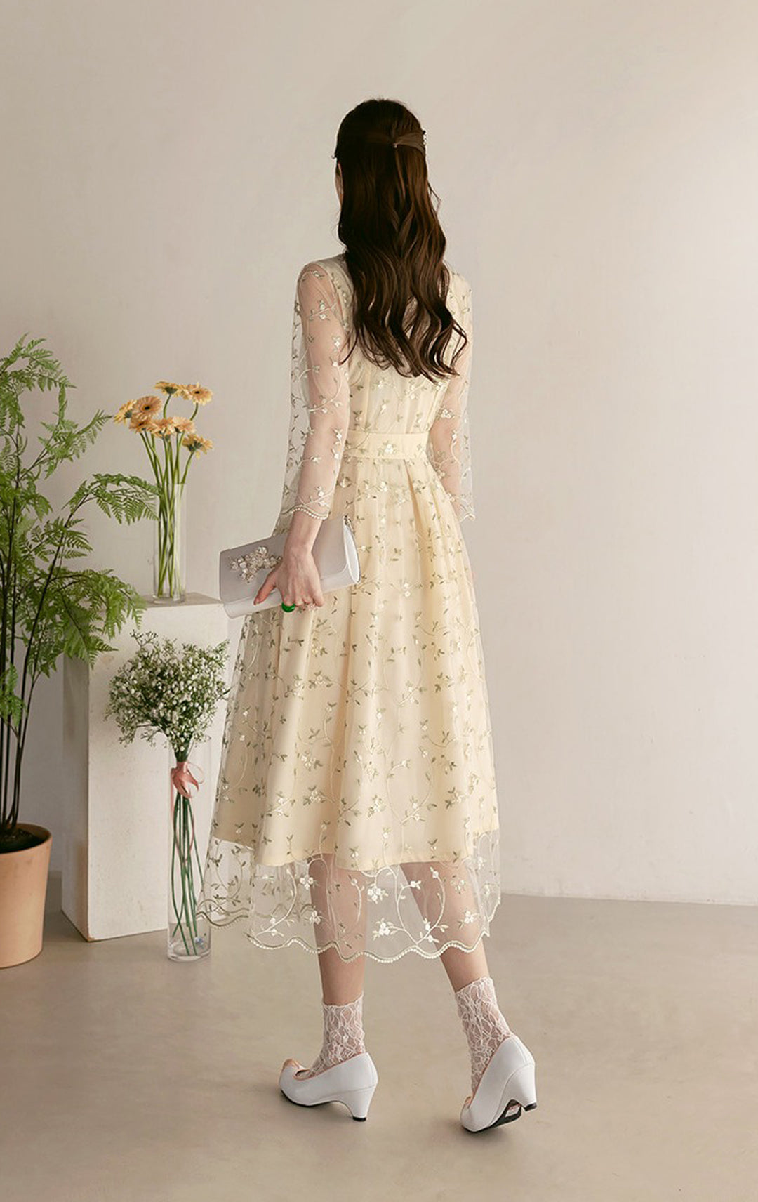 Korean Modern Hanbok Cream Lace Dress Wrapped Skirt Fancy Casual Daily Clothing Fusion Hanbok Party CHD318