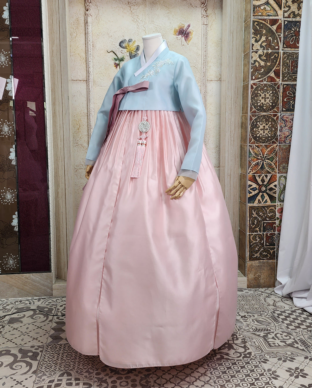 Korean Traditional Woman Personal Custom Hanbok Wedding Party Ceremony Blue Pink Mom Hanbok OSW004